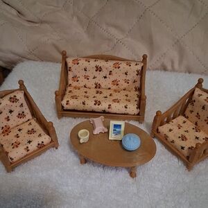 Calico Critters Miniature Wooden Furniture Set with Floral Cushions
